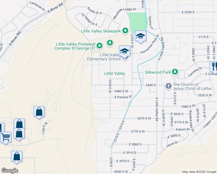 map of restaurants, bars, coffee shops, grocery stores, and more near North 2240 East in St. George