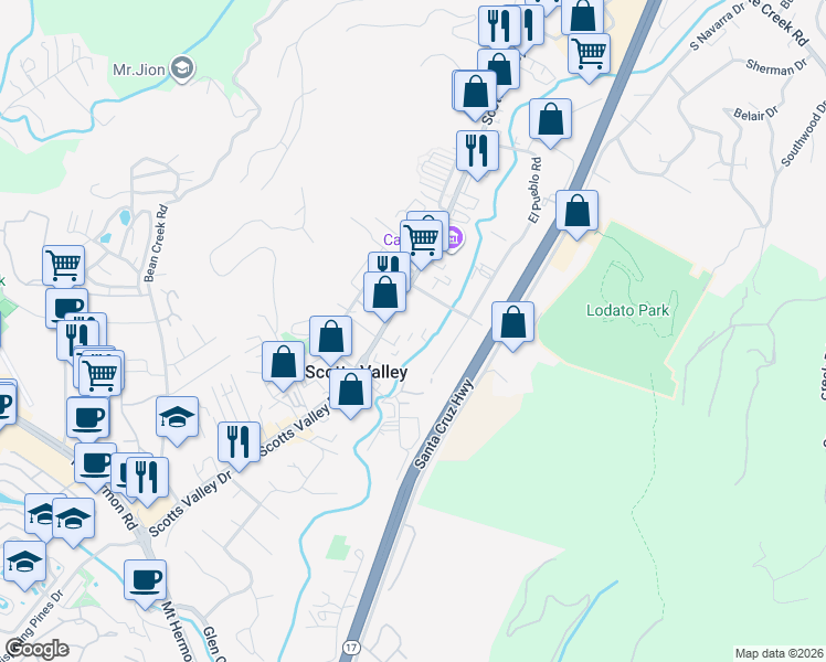map of restaurants, bars, coffee shops, grocery stores, and more near 4730 Scotts Valley Drive in Scotts Valley