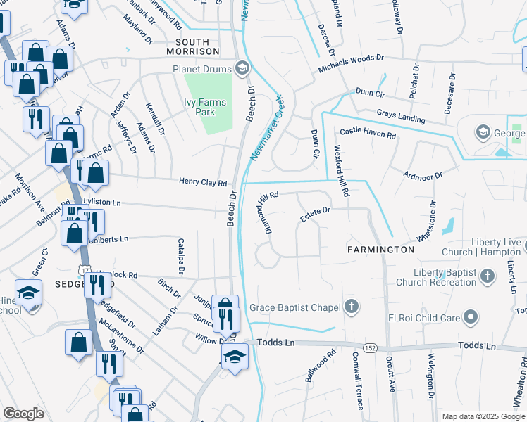 map of restaurants, bars, coffee shops, grocery stores, and more near 1 Waterford Circle in Hampton