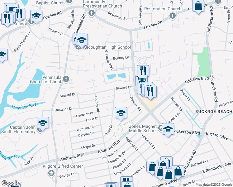 map of restaurants, bars, coffee shops, grocery stores, and more near 2002 Beall Drive in Hampton