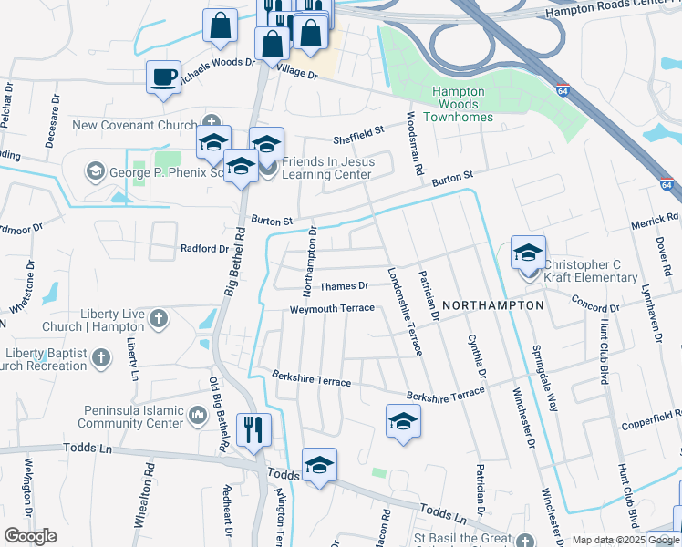 map of restaurants, bars, coffee shops, grocery stores, and more near 821 Headrow Terrace in Hampton