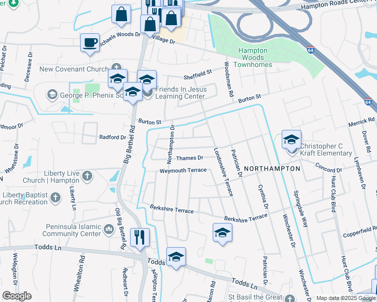 map of restaurants, bars, coffee shops, grocery stores, and more near 821 Headrow Terrace in Hampton