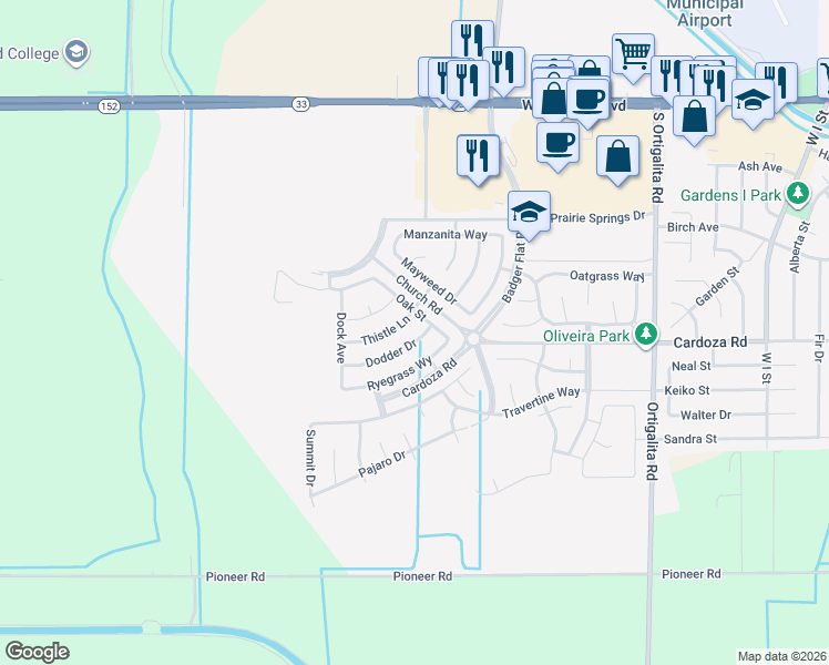 map of restaurants, bars, coffee shops, grocery stores, and more near 1616 Thistle Lane in Los Banos