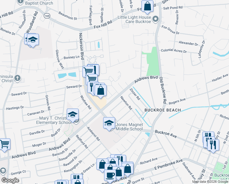 map of restaurants, bars, coffee shops, grocery stores, and more near 2109 Newton Road in Hampton