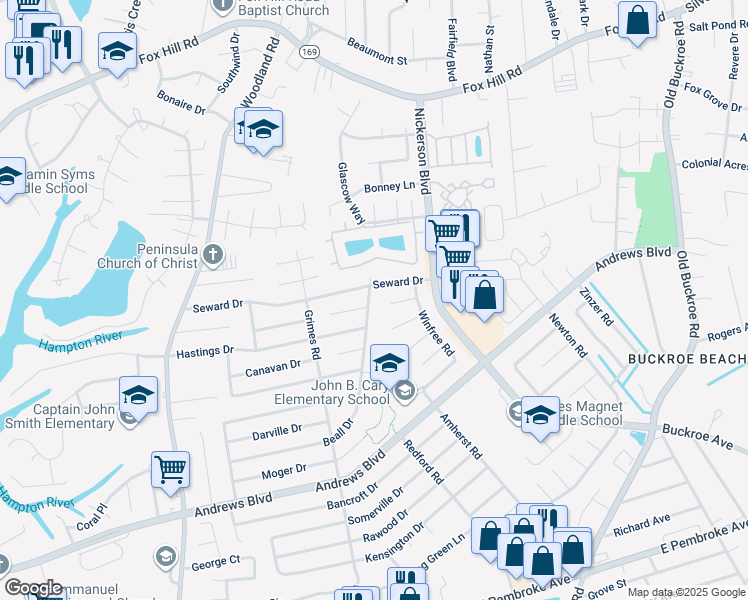 map of restaurants, bars, coffee shops, grocery stores, and more near 2002 Beall Drive in Hampton