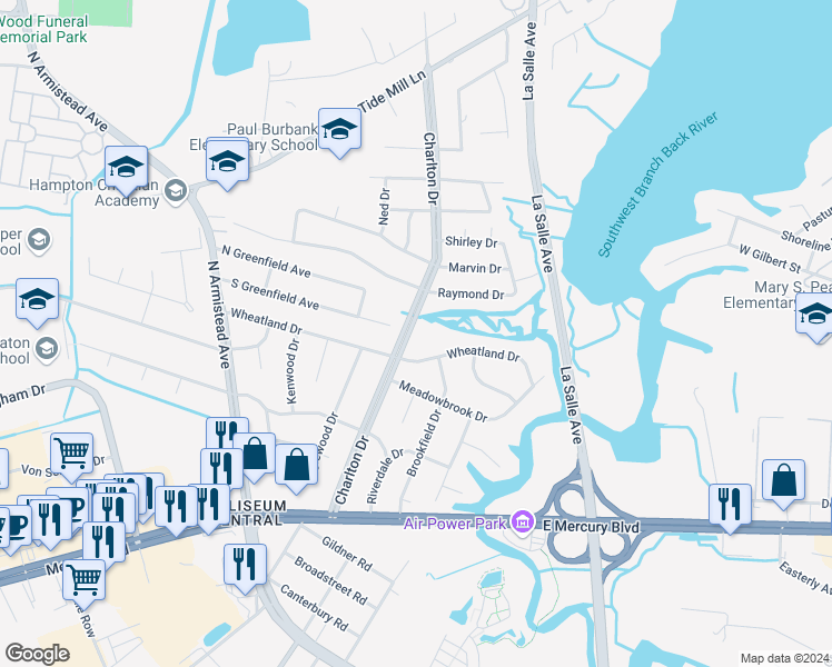 map of restaurants, bars, coffee shops, grocery stores, and more near 104 Charlton Drive in Hampton
