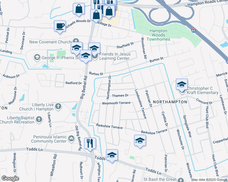 map of restaurants, bars, coffee shops, grocery stores, and more near 827 Headrow Terrace in Hampton