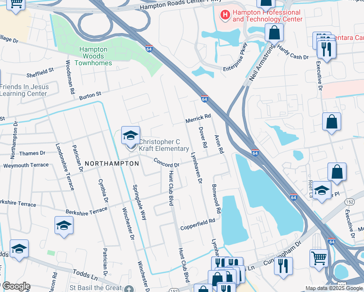 map of restaurants, bars, coffee shops, grocery stores, and more near 6 Edith Key Street in Hampton