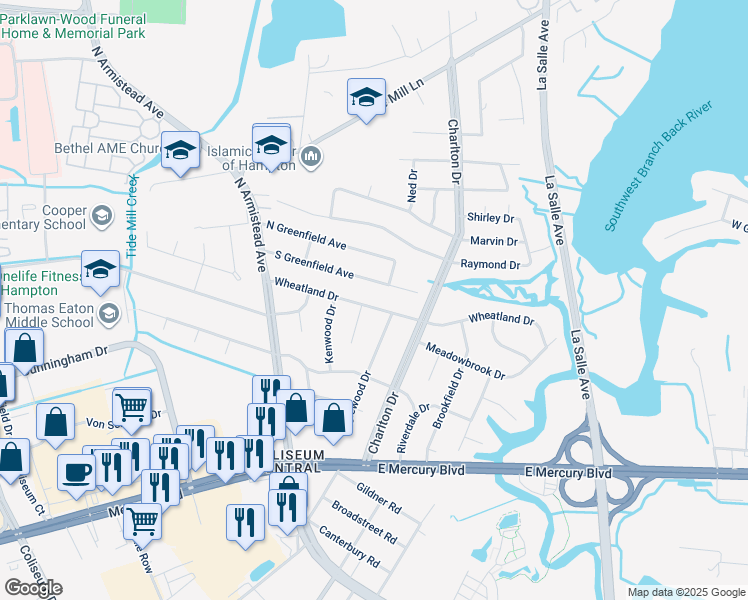 map of restaurants, bars, coffee shops, grocery stores, and more near 54 Wheatland Drive in Hampton