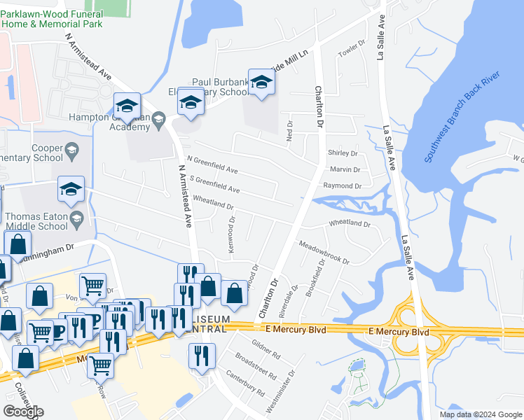 map of restaurants, bars, coffee shops, grocery stores, and more near 54 Wheatland Drive in Hampton
