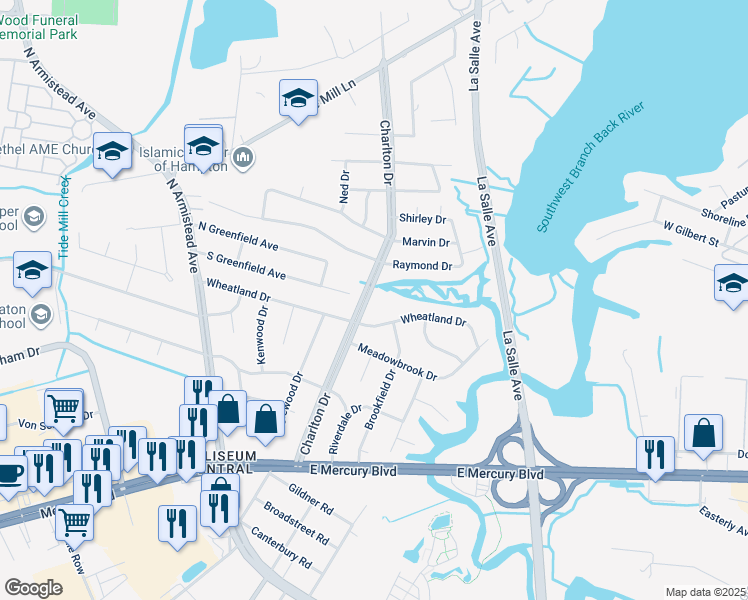 map of restaurants, bars, coffee shops, grocery stores, and more near 104 Charlton Drive in Hampton