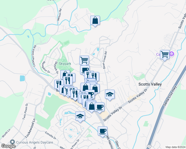 map of restaurants, bars, coffee shops, grocery stores, and more near 237 Bluebonnet Lane in Scotts Valley