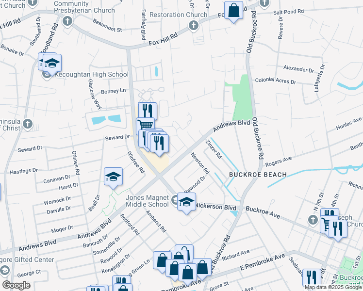 map of restaurants, bars, coffee shops, grocery stores, and more near 2112 Newton Road in Hampton