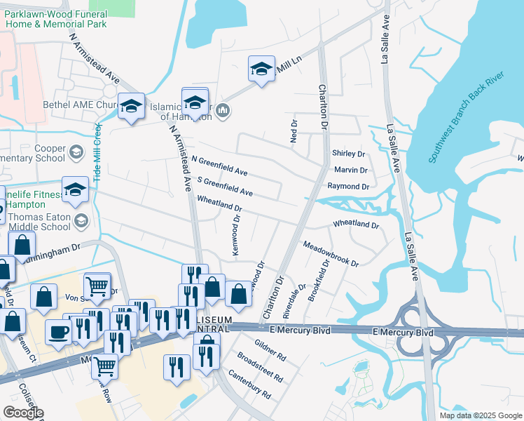 map of restaurants, bars, coffee shops, grocery stores, and more near 56 Wheatland Drive in Hampton