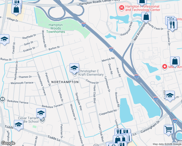 map of restaurants, bars, coffee shops, grocery stores, and more near 505 Eubank Drive in Hampton