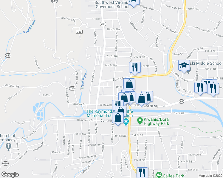 map of restaurants, bars, coffee shops, grocery stores, and more near 405 Jefferson Avenue North in Pulaski