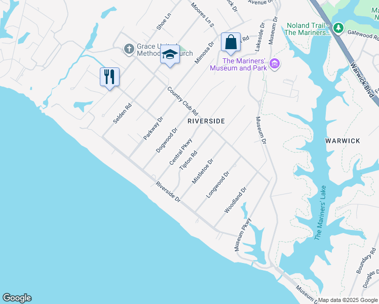 map of restaurants, bars, coffee shops, grocery stores, and more near 127 Tipton Rd in Newport News
