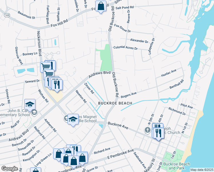 map of restaurants, bars, coffee shops, grocery stores, and more near 22 Boykin Lane in Hampton