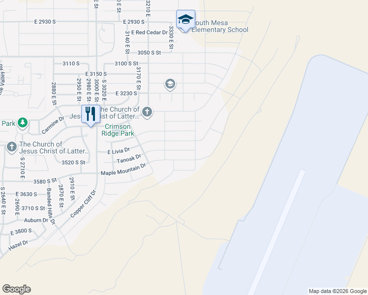map of restaurants, bars, coffee shops, grocery stores, and more near 3355 East Tanoak Drive in St. George