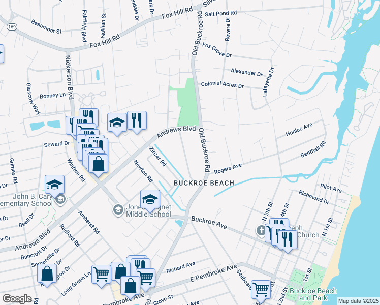 map of restaurants, bars, coffee shops, grocery stores, and more near 22 Boykin Lane in Hampton