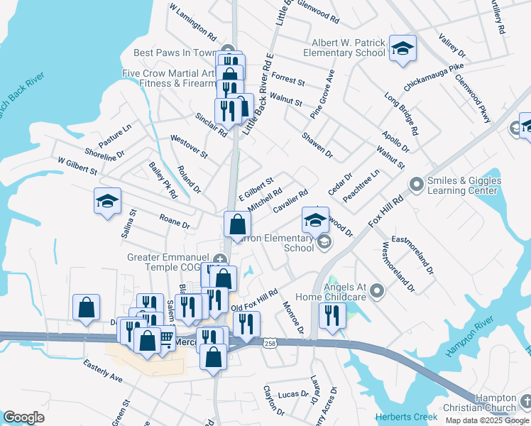 map of restaurants, bars, coffee shops, grocery stores, and more near 23 Cavalier Road in Hampton