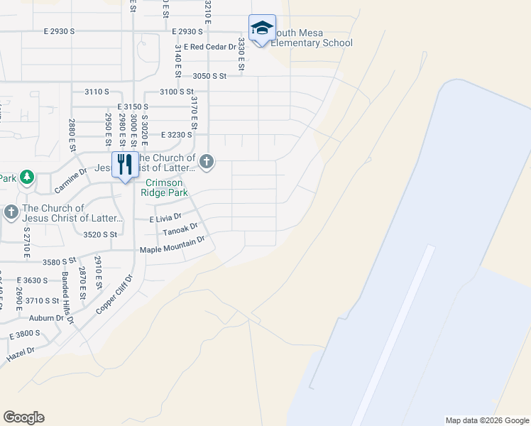 map of restaurants, bars, coffee shops, grocery stores, and more near 3362 Livia Drive in St. George