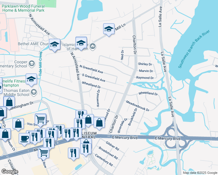 map of restaurants, bars, coffee shops, grocery stores, and more near 56 Wheatland Drive in Hampton