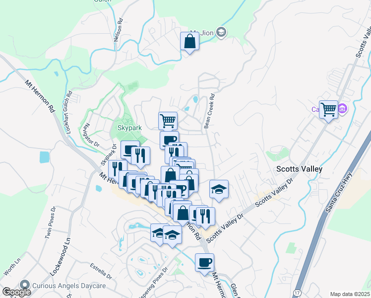 map of restaurants, bars, coffee shops, grocery stores, and more near 237 Bluebonnet Lane in Scotts Valley