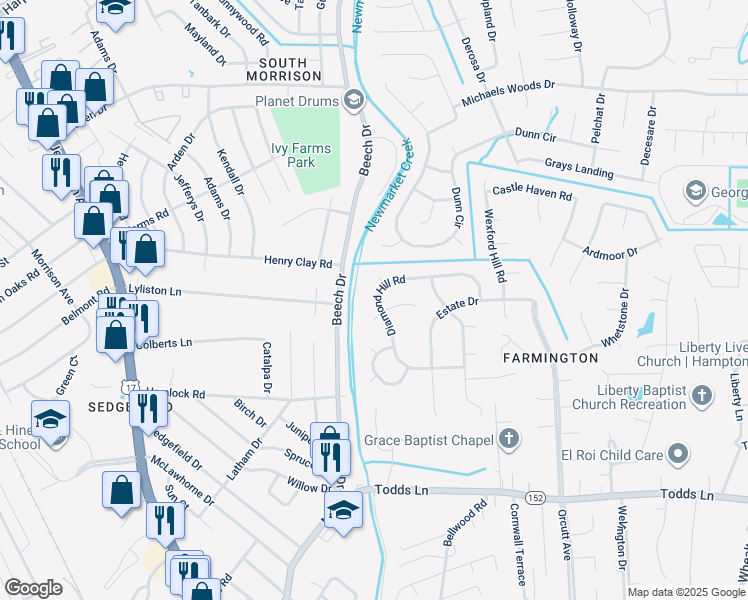map of restaurants, bars, coffee shops, grocery stores, and more near 42 Diamond Hill Road in Hampton