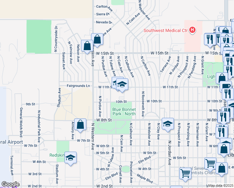 map of restaurants, bars, coffee shops, grocery stores, and more near 1100 West 11th Street in Liberal