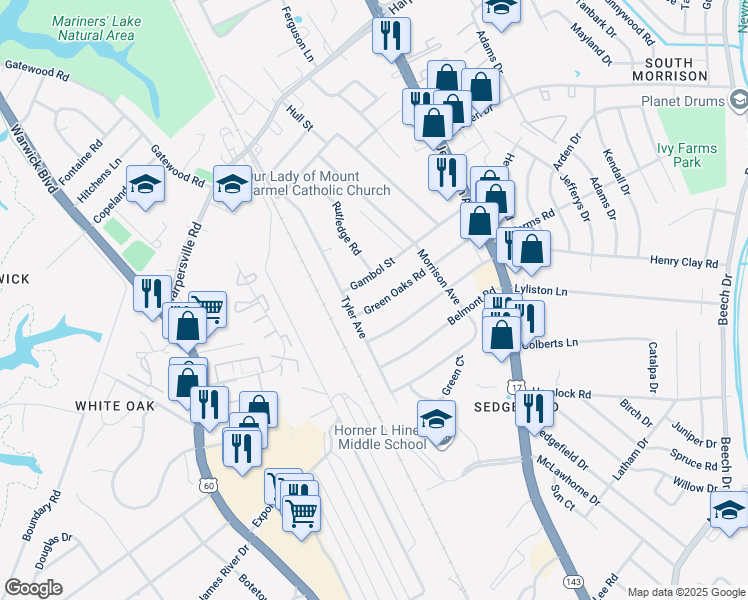 map of restaurants, bars, coffee shops, grocery stores, and more near 46 Green Oaks Road in Newport News