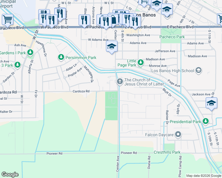map of restaurants, bars, coffee shops, grocery stores, and more near 20060 Cardoza Road in Los Banos