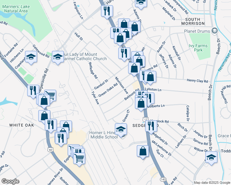 map of restaurants, bars, coffee shops, grocery stores, and more near 32 Greenwood Road in Newport News