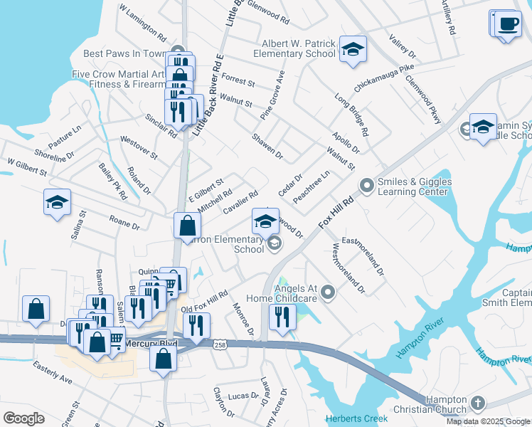 map of restaurants, bars, coffee shops, grocery stores, and more near 57 Longwood Drive in Hampton