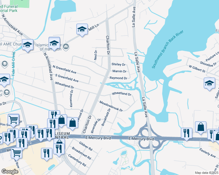 map of restaurants, bars, coffee shops, grocery stores, and more near 32 Wheatland Drive in Hampton