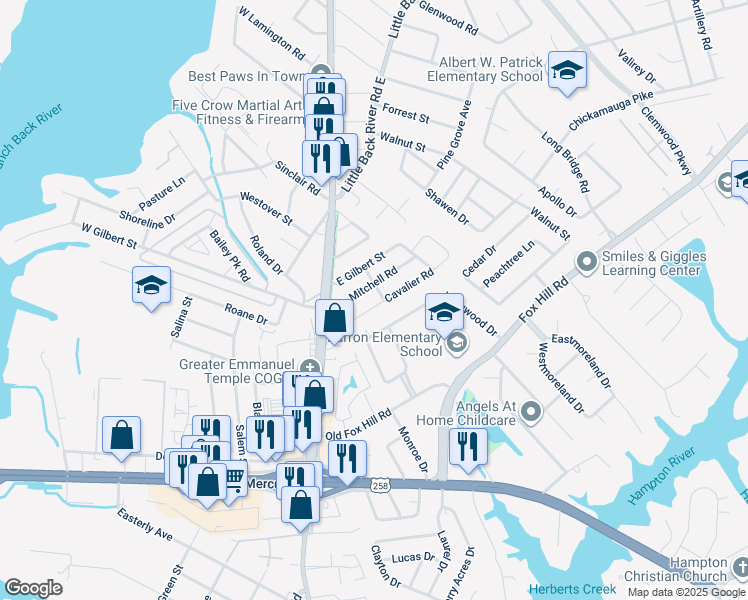 map of restaurants, bars, coffee shops, grocery stores, and more near 23 Cavalier Road in Hampton