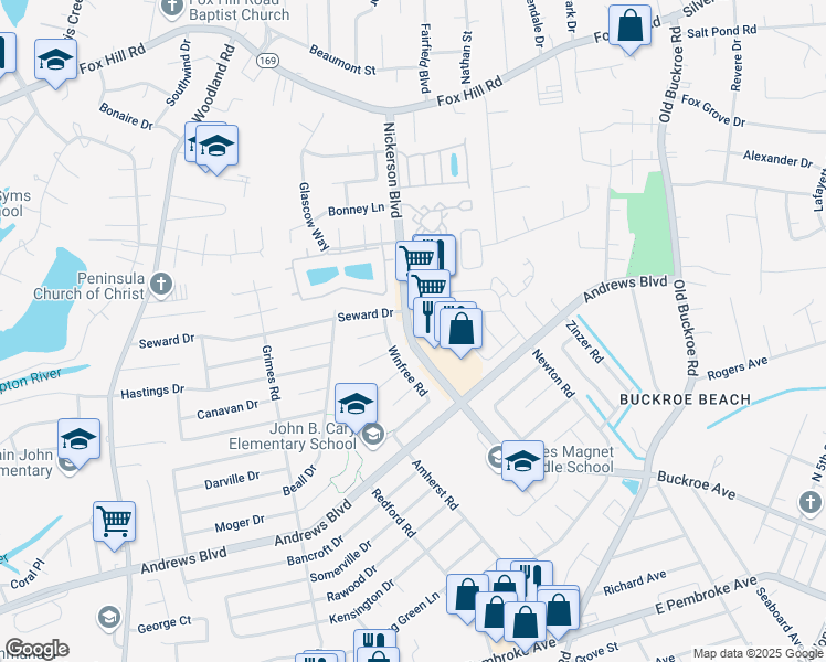 map of restaurants, bars, coffee shops, grocery stores, and more near 2070 Nickerson Boulevard in Hampton