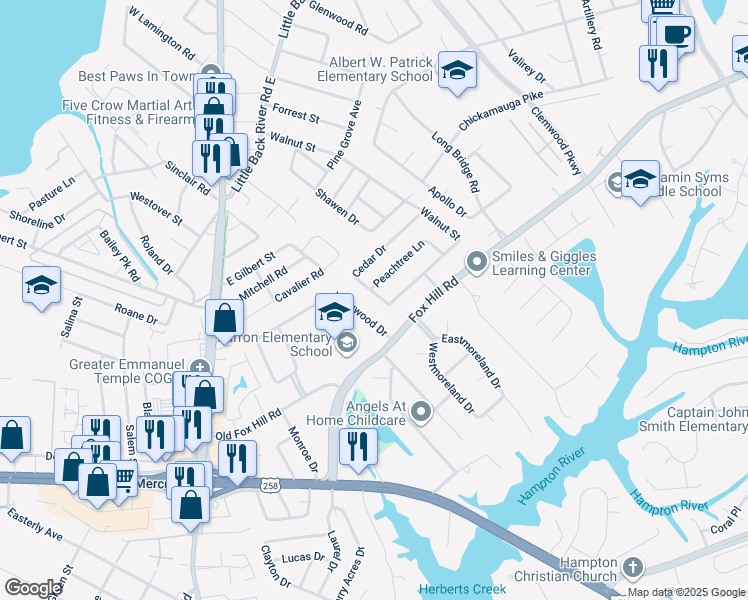 map of restaurants, bars, coffee shops, grocery stores, and more near 452 Cedar Drive in Hampton