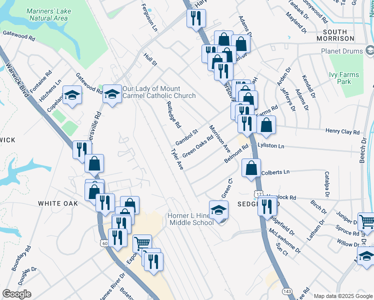 map of restaurants, bars, coffee shops, grocery stores, and more near 46 Green Oaks Road in Newport News