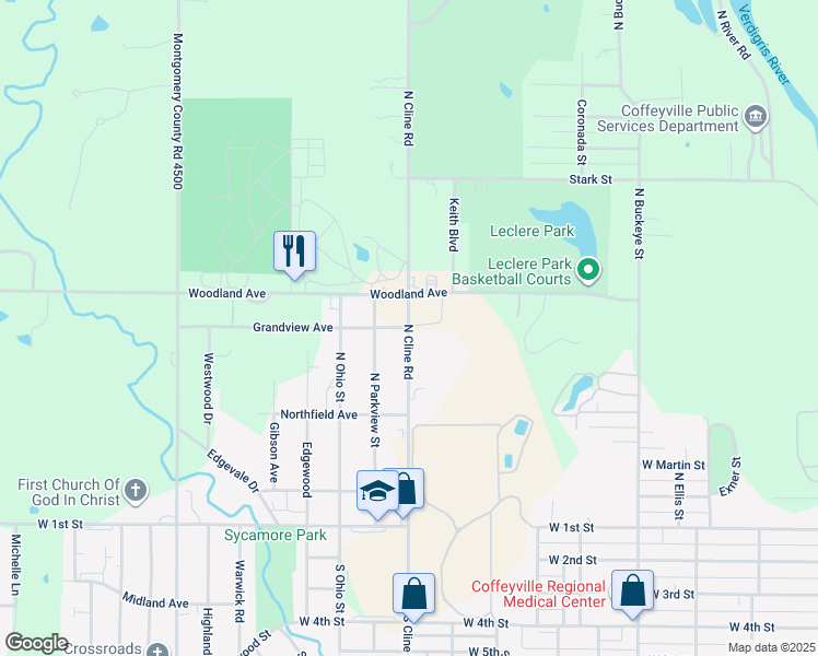 map of restaurants, bars, coffee shops, grocery stores, and more near 712 North Cline Road in Coffeyville