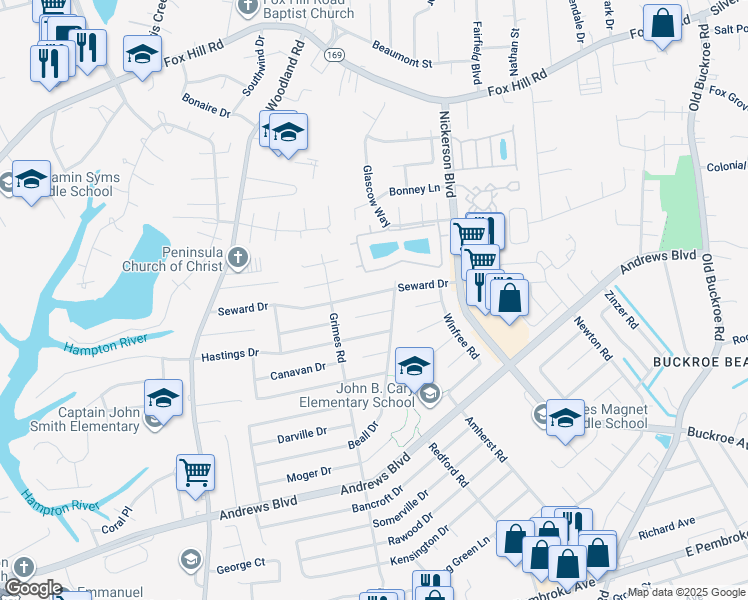 map of restaurants, bars, coffee shops, grocery stores, and more near 1920 Seward Drive in Hampton