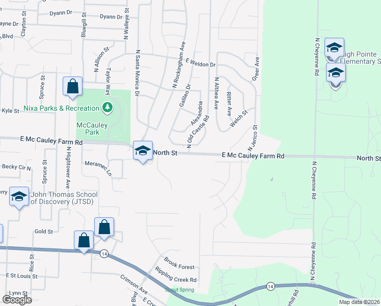 map of restaurants, bars, coffee shops, grocery stores, and more near East North Street in Nixa