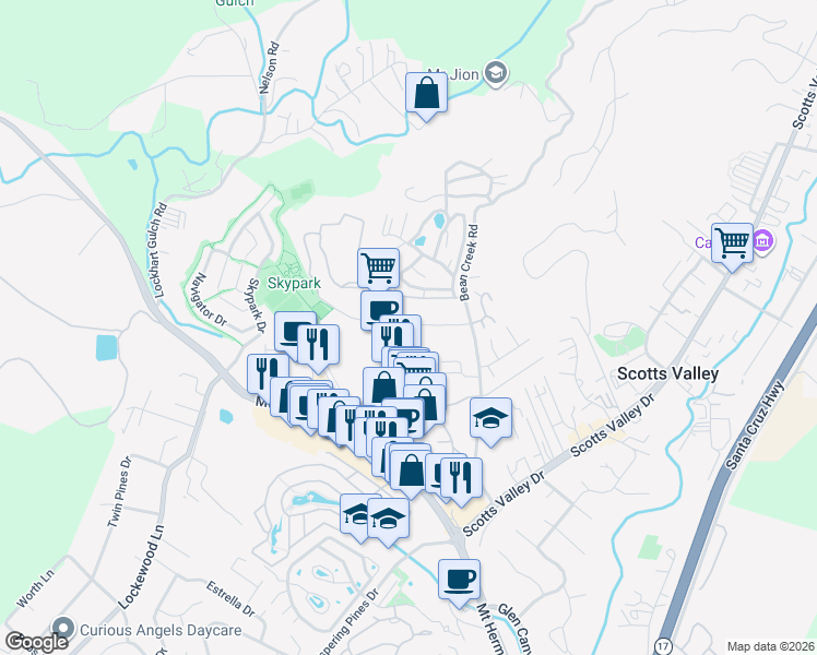 map of restaurants, bars, coffee shops, grocery stores, and more near 237 Bluebonnet Lane in Scotts Valley