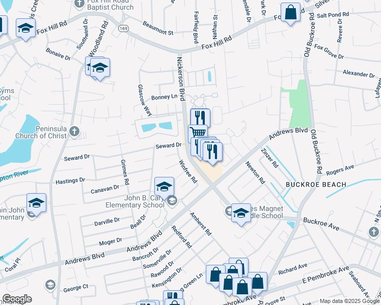 map of restaurants, bars, coffee shops, grocery stores, and more near 2029 Nickerson Boulevard in Hampton