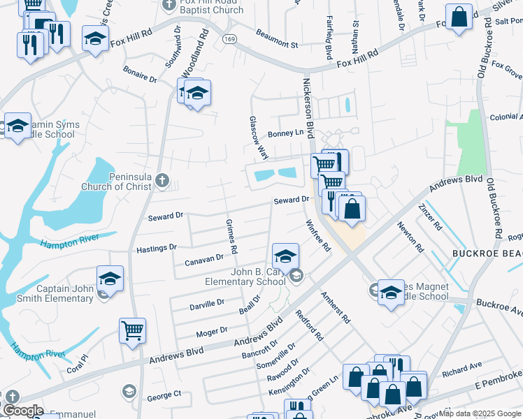 map of restaurants, bars, coffee shops, grocery stores, and more near 1920 Seward Drive in Hampton