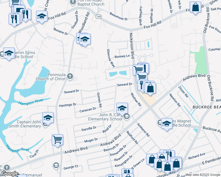 map of restaurants, bars, coffee shops, grocery stores, and more near 1920 Seward Drive in Hampton