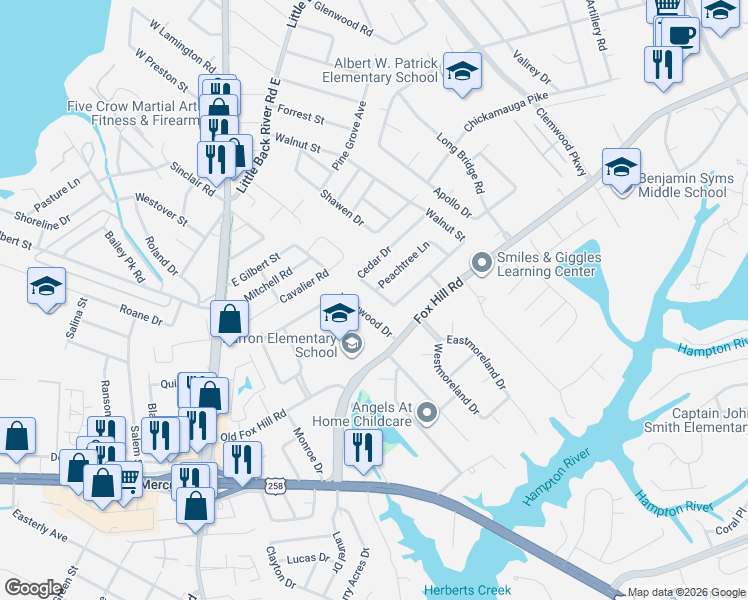 map of restaurants, bars, coffee shops, grocery stores, and more near 448 Cedar Drive in Hampton