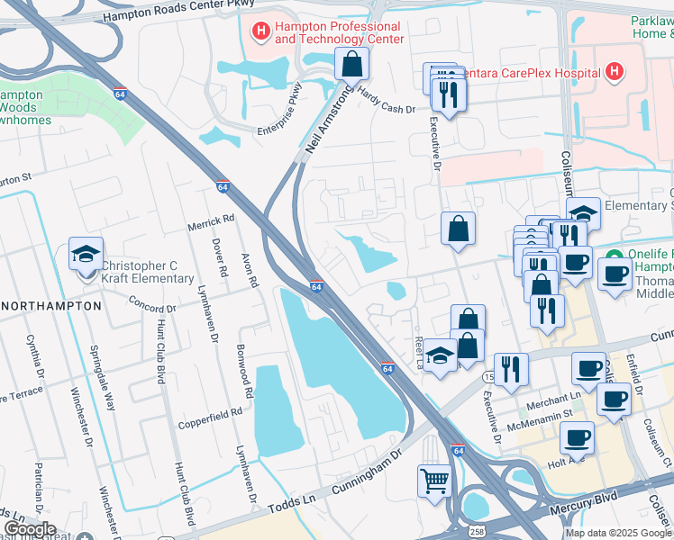 map of restaurants, bars, coffee shops, grocery stores, and more near 3010 Montpelier Place in Hampton