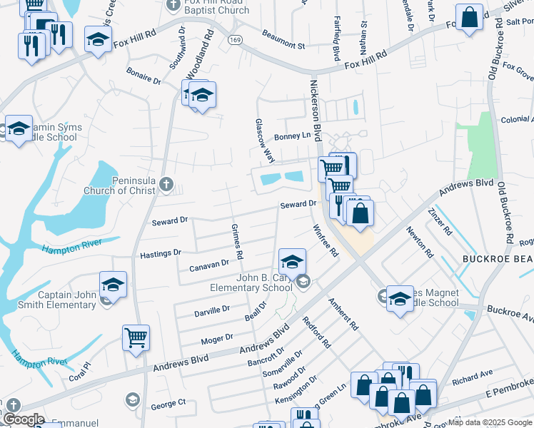 map of restaurants, bars, coffee shops, grocery stores, and more near 1920 Seward Drive in Hampton