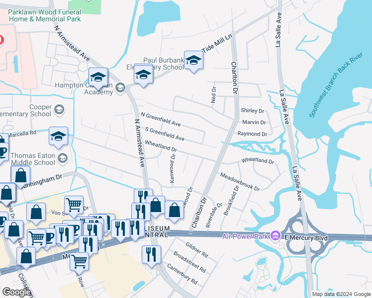 map of restaurants, bars, coffee shops, grocery stores, and more near 60 Wheatland Drive in Hampton